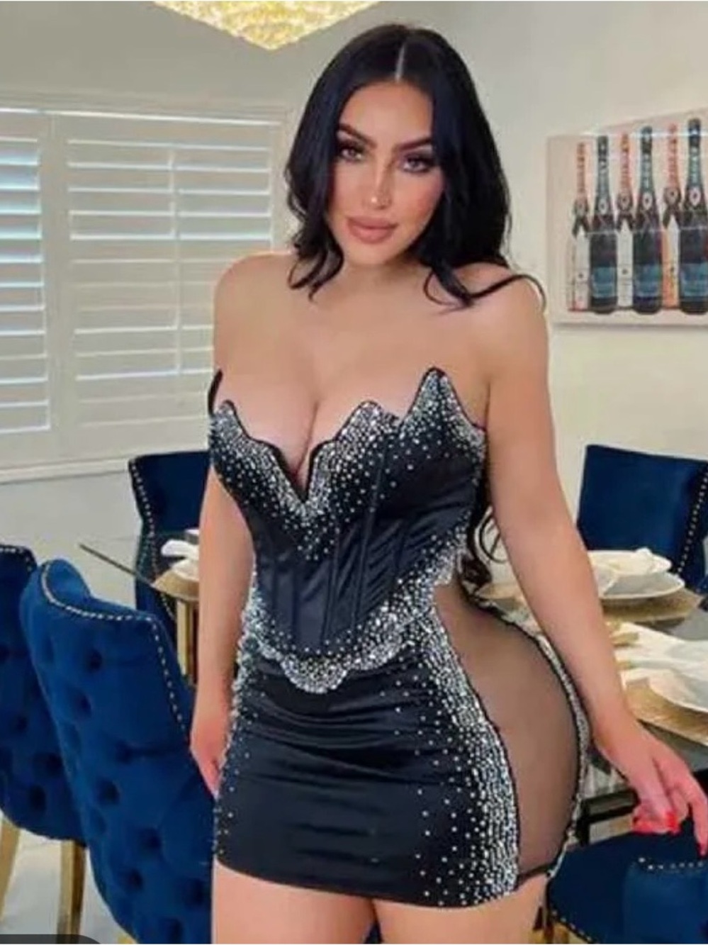 Strapless Black Embellished Mini Dress with Rhinestone Accents